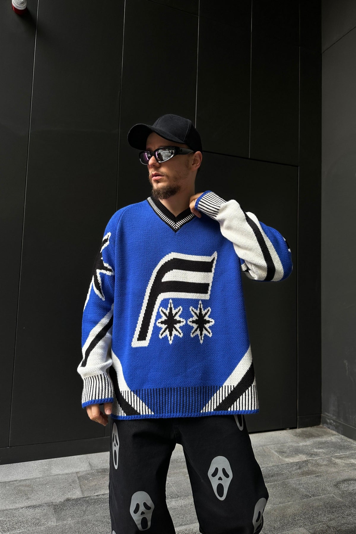 Loose Knit Sweater with F Pattern - 88PM Clothing